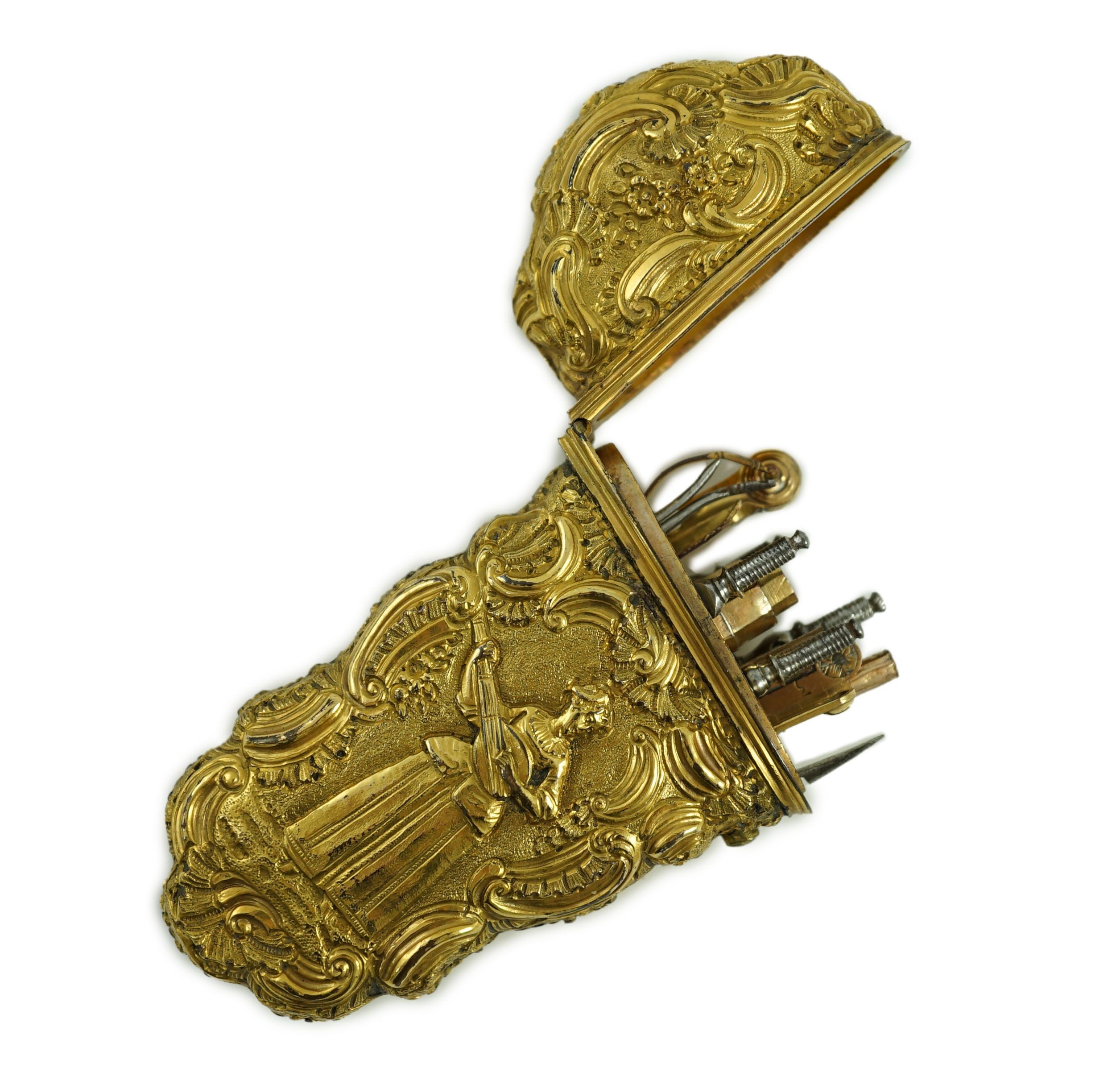 A George III gilt metal etui containing accessories, 10cms high.